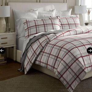 Boll and Branch Duvet Set Flannel Cotton Plaid Bedding Set in Red and Gray